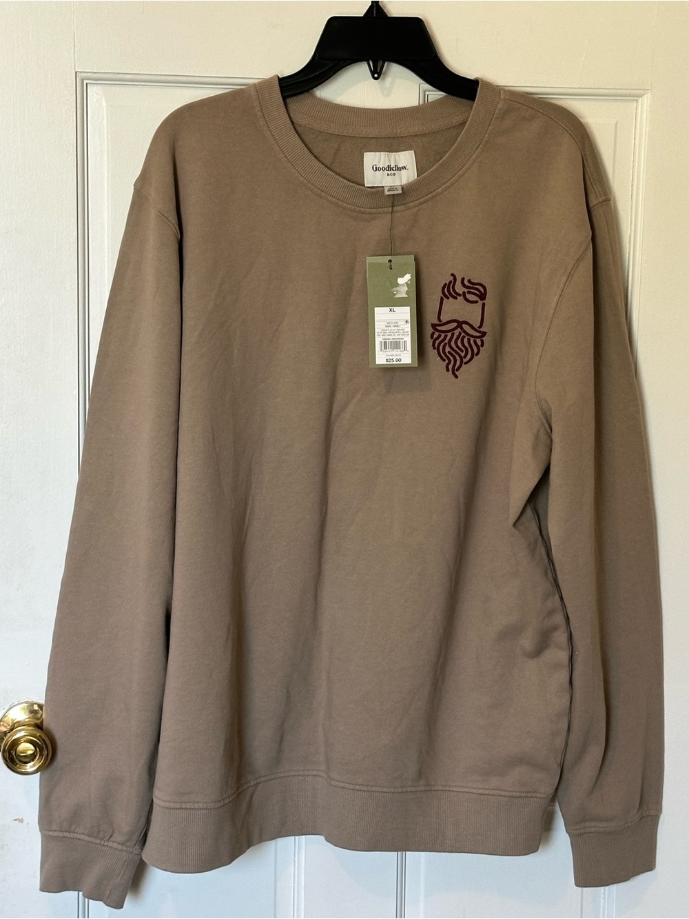 Goodfellow & Co Men's Crewneck Sweater - Taupe with Burgundy Logo